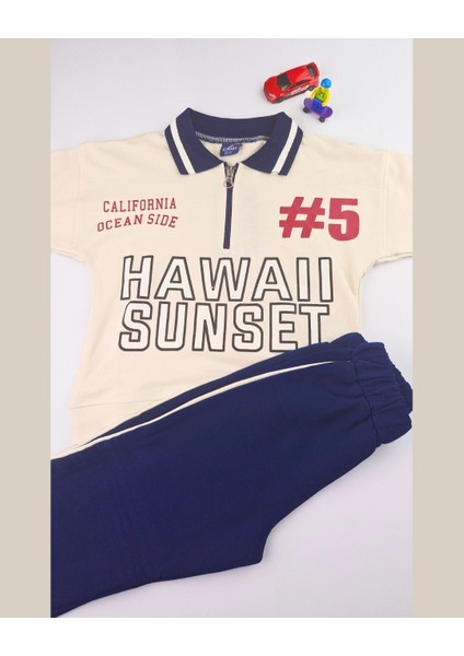 Asliva Unisex Çocuk Lacivert Hawaii Sunset Baskılı Polo Yaka Yarım Fermuarlı Pamuklu Eşofman Takımı fiyatları