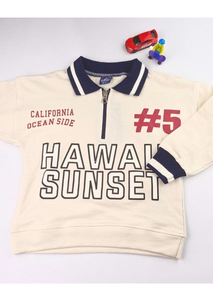 Asliva Unisex Çocuk Lacivert Hawaii Sunset Baskılı Polo Yaka Yarım Fermuarlı Pamuklu Eşofman Takımı modelleri