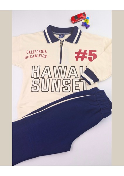 Asliva Unisex Çocuk Lacivert Hawaii Sunset Baskılı Polo Yaka Yarım Fermuarlı Pamuklu Eşofman Takımı fırsatları