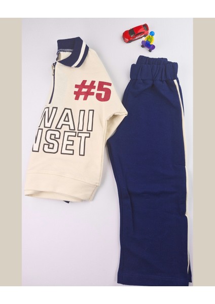 Asliva Unisex Çocuk Lacivert Hawaii Sunset Baskılı Polo Yaka Yarım Fermuarlı Pamuklu Eşofman Takımı indirimleri