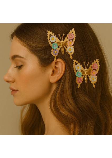 Renkli Çiçek Detaylı Oynar Kanatlı Kelebek Pens Toka