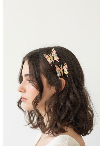 Renkli Çiçek Detaylı Oynar Kanatlı Kelebek Pens Toka