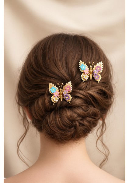 Renkli Çiçek Detaylı Oynar Kanatlı Kelebek Pens Toka