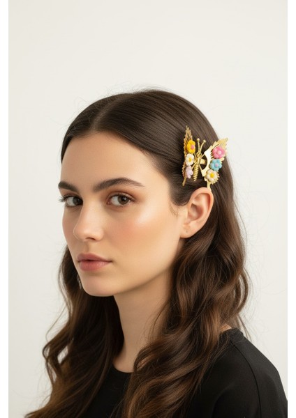 Renkli Çiçek Detaylı Oynar Kanatlı Kelebek Pens Toka