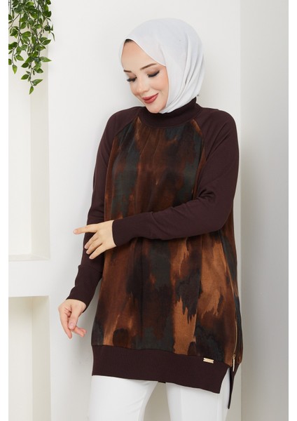Kadın Yarım Balıkçı Yaka Yandan Fermuarlı Ipek Kupra Merserize Tunik -PMK494 fırsatları