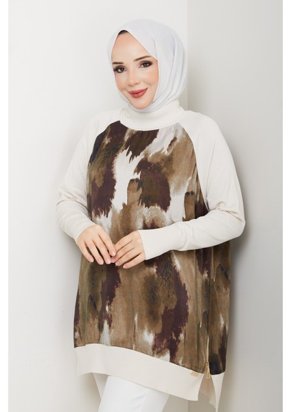 Kadın Yarım Balıkçı Yaka Yandan Fermuarlı Ipek Kupra Merserize Tunik -PMK494 fırsatları