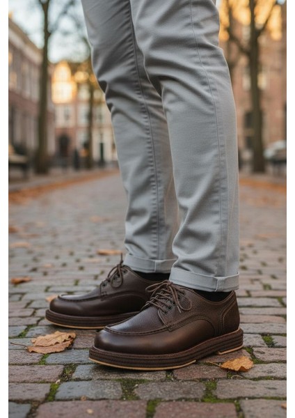 M22328 Hakiki Deri Erkek Bağcıklı Kahverengi Klasik Loafer Ayakkabı