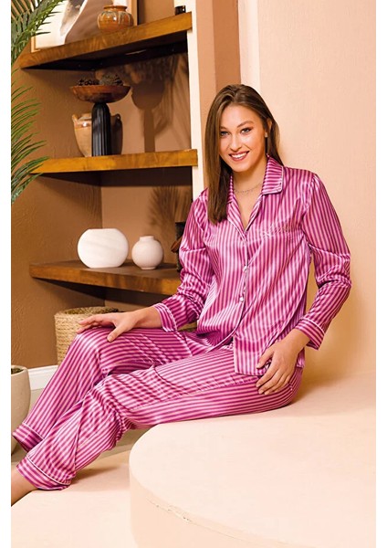 Lady Saten Çizgili Baskılı Lüks A Kalite Saten Gecelik Takımı