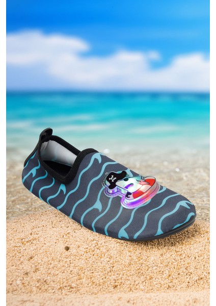 Işıklı Köpek Balığı Figürlü Kaymaz Tabanlı Esnek Hafif Dayanıklı Çocuk Havuz Plaj Deniz Ayakkabısı