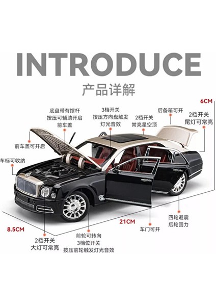 Bently 1:24 Diecast Metal Model Araba Koleksiyon Araba Sesli Işıklı 21 cm Bently Mulsanne Araba modelleri