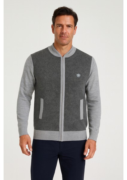 Erkek Orta Yaş ve Üzeri Triko Örgü Akrilik Fermuarlı Kışlık Baba Hırka 2062 Açık Gri