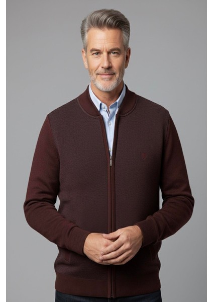 Erkek Orta Yaş ve Üzeri Triko Örgü Akrilik Fermuarlı Kışlık Baba Hırka 2062-BORDO