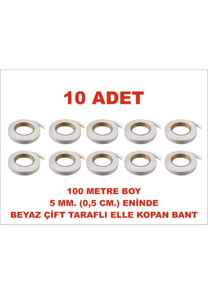 Çift Taraflı Elle Kopan Beyaz Bant 100 M. Uzunlukta 5 mm Eninde 10 Adet Birlikte Gönderilir