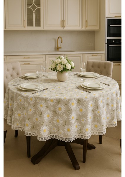 Lüks Güpürlü Yuvarlak Masa Örtüsü Şık Desenli, Çeyizlik, Salon ve Mutfak Için Dekoratif Örtü