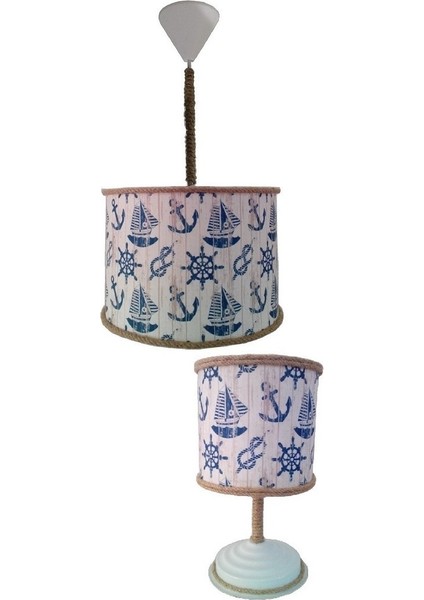 Gemili Halatlı 2.li Set M-0687 Kumaş Kaplama Genç ve Çocuk Odası Avize ve Abajur Takımı