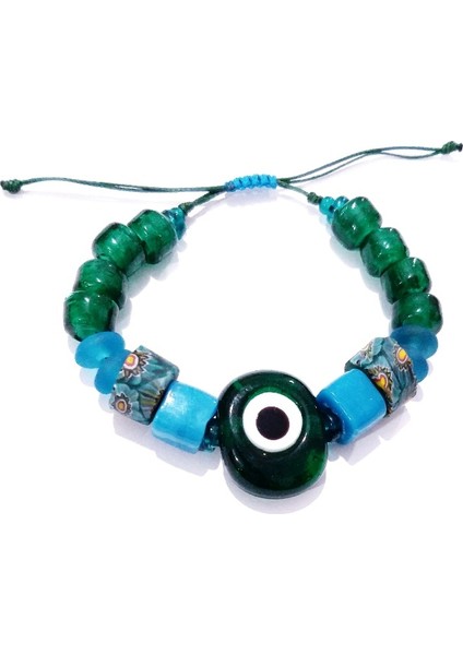 Koyu Yeşil Cam Danagöz Nazar Bodrum Cam ve Gana Krobo Cam Boncuklu Bileklik