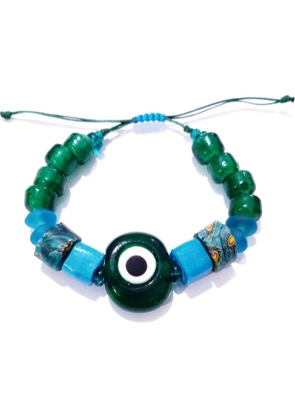 Koyu Yeşil Cam Danagöz Nazar Bodrum Cam ve Gana Krobo Cam Boncuklu Bileklik modelleri