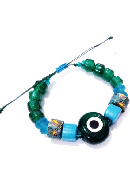 Koyu Yeşil Cam Danagöz Nazar Bodrum Cam ve Gana Krobo Cam Boncuklu Bileklik