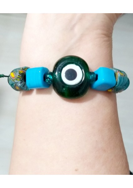 Koyu Yeşil Cam Danagöz Nazar Bodrum Cam ve Gana Krobo Cam Boncuklu Bileklik