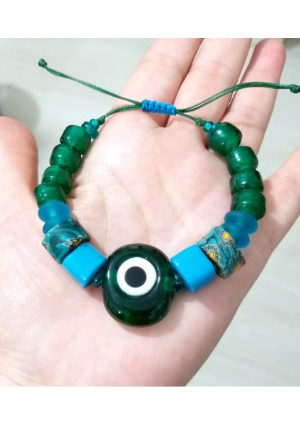 Koyu Yeşil Cam Danagöz Nazar Bodrum Cam ve Gana Krobo Cam Boncuklu Bileklik