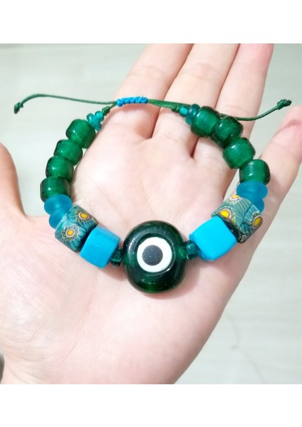 Koyu Yeşil Cam Danagöz Nazar Bodrum Cam ve Gana Krobo Cam Boncuklu Bileklik