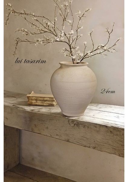 Krem Rengi Stonware Toprak Dokulu Vazo Eleni