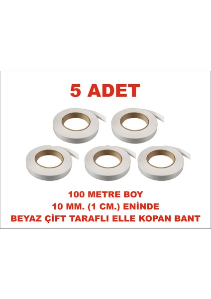 Çift Taraflı Elle Kopan Beyaz Bant 100 M. Uzunlukta 10 mm Eninde 5 Adet Birlikte Gönderilir