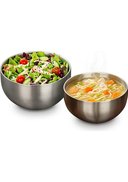 Paslanmaz Çelik Çift Cidarlı Kase, Çırpma Karıştırma Kabı, 18/10, 14 + 16 cm - 2 Adet