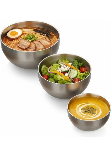 Paslanmaz Çelik Çift Cidarlı Kase, Çırpma Karıştırma Kabı, 18/10, 14 + 16 cm - 2 Adet