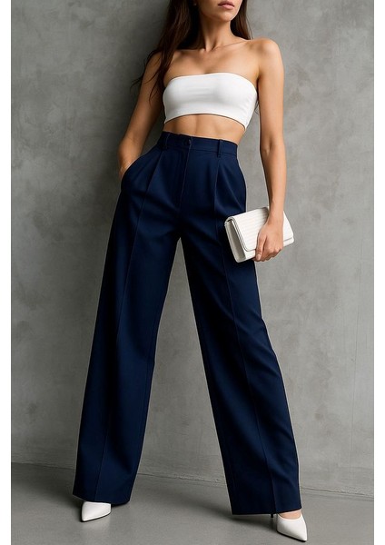 Kadın Siyah Çift Pileli Yüksek Bel Palazzo Kumaş Pantolon | Şık Ofis ve Günlük Kombinler Için