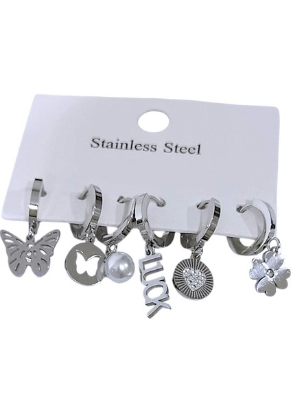 Kadın Çelik Luck Detaylı 6 Adet Küpe Set Gümüş Renk