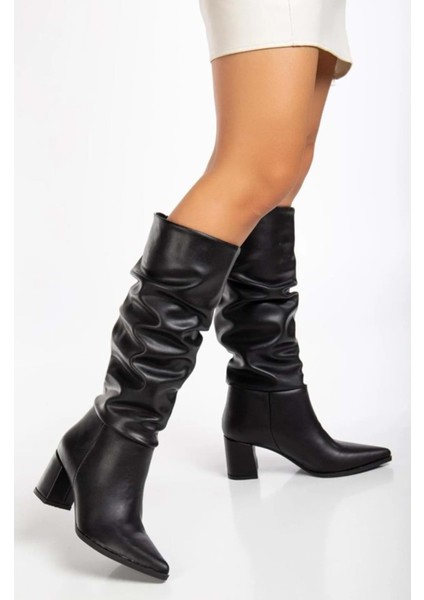 Feles 6 cm Topkulu Körüklü Diz Altı Kadın Çizme Siyah fiyatları