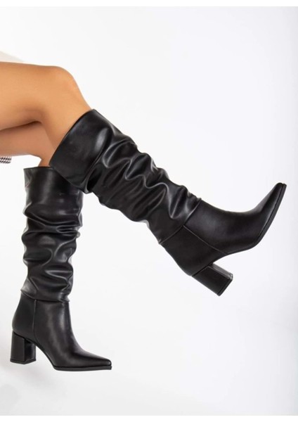 Feles 6 cm Topkulu Körüklü Diz Altı Kadın Çizme Siyah fırsatları