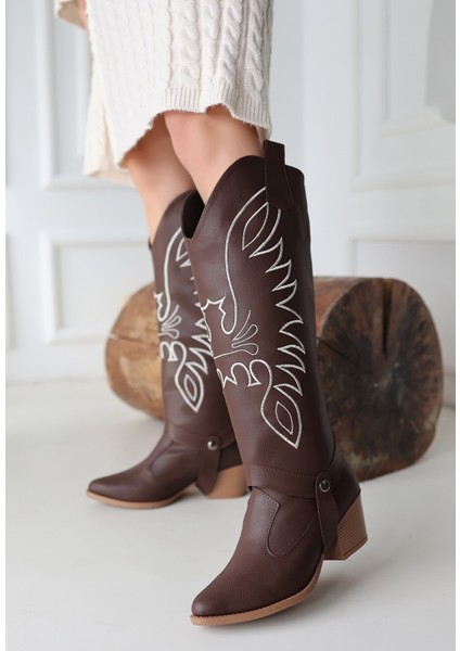 Jilla Kahverengi Cilt Tak Çıkar Topuklu Bot ve Çizme