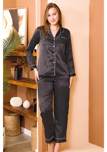 Lady Saten Siyah Puantiyeli Baskılı Lüks A Kalite Saten Gecelik Takımı