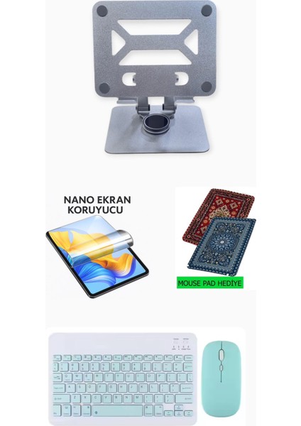 Lenovo Tab M11 TB330FU Uyumlu Metal Stand Ekran Koruyucu Klavye Mouse Set