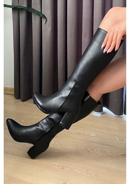 Kadın Siyah Fermuarlı Diz Altı Boy Topuklu Çizme modelleri