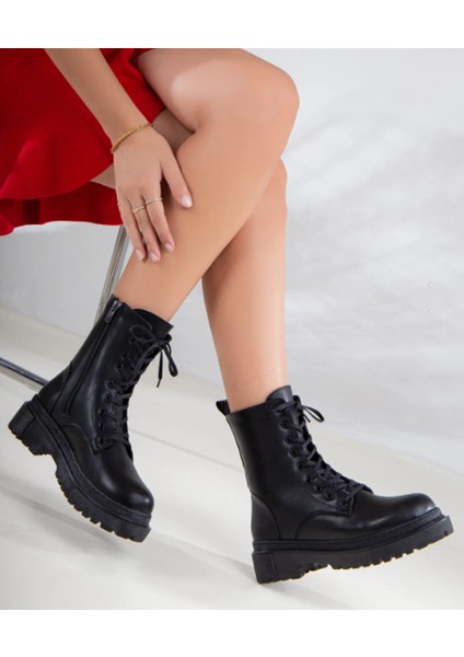 Florin Kadın Siyah Kalın Platform Taban Bağcıklı Hafif Kışlık Fermuarlı Spor Günlük Yarım Postal Bot modelleri