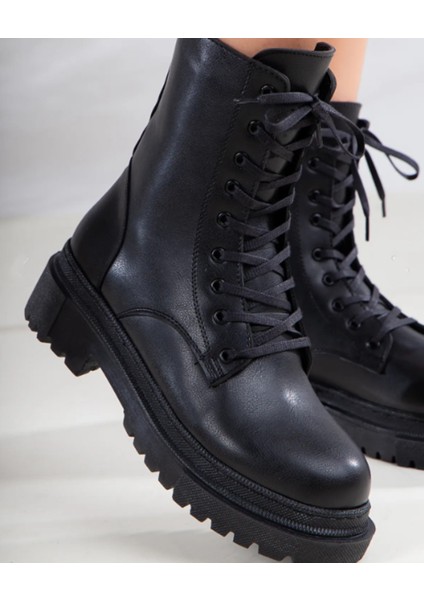 Florin Kadın Siyah Kalın Platform Taban Bağcıklı Hafif Kışlık Fermuarlı Spor Günlük Yarım Postal Bot fırsatları