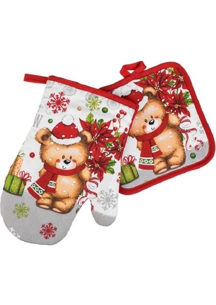 Yılbaşı Fırın Eldiveni & Tutacak Seti 2 Parça Kırmızı “Sevimli Küçük Ayı” Tasarım Mutfak Aksesuarı - Hediyelik - Premium Kalitede Ürün - Kırmızı Gri