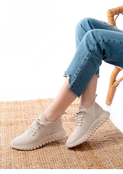 ZRİN-501 Bej Bağcıklı Rahat Taban Günlük Triko Spor Ayakkabı fiyatları