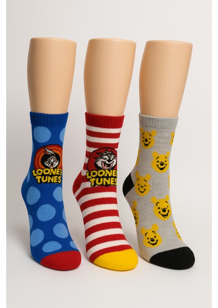 3’lü Renkli Desenli Çorap Seti – Looney Tunes & Pooh Temalı | Kadın – Rahat Pamuklu