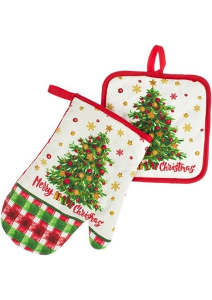 Yılbaşı Özel Mutfak Seti Yılbaşı Ağaç Desenli 2 Parça Fırın Eldiveni & Tutacak – Kırmızı