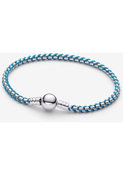 Gümüş Damgalı Mavi Kordonlu Yılan Zincir Bileklik