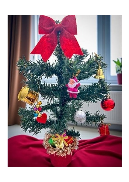 Mini Yılbaşı Ağacı Seti, Kırmızı Fiyonklu, Yeşil Çam, Baba ve 15 Adet Süslemeleri ve LED Işık Ile, Dekoratif Masa Üstü