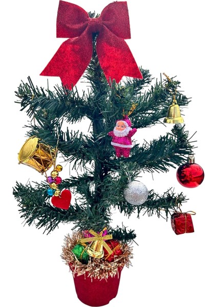 Mini Yılbaşı Ağacı Seti, Kırmızı Fiyonklu, Yeşil Çam, Baba ve 15 Adet Süslemeleri ve LED Işık Ile, Dekoratif Masa Üstü fiyatları