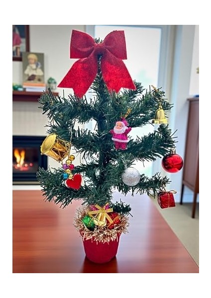 Mini Yılbaşı Ağacı Seti, Kırmızı Fiyonklu, Yeşil Çam, Baba ve 15 Adet Süslemeleri ve LED Işık Ile, Dekoratif Masa Üstü modelleri