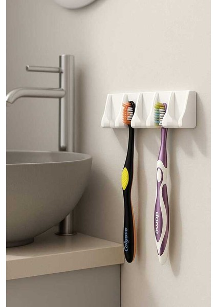 Diş Fırçası Tutucu Yapışkanlı Duvara Monte - 6’lı Askılı Pratik Diş Fırçası Organizeri Kolay Kurulum