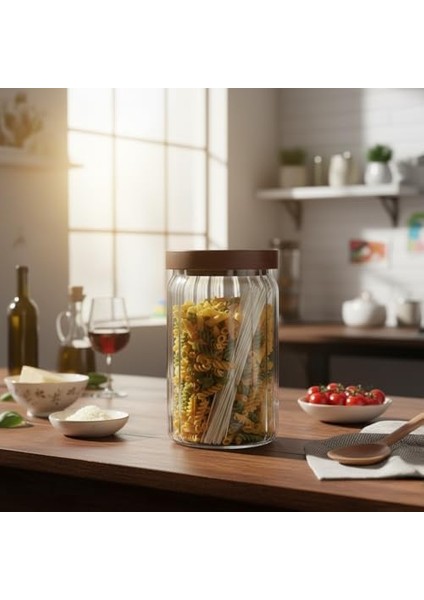 Akasya Kapaklı Çizgili Cam Kavanoz (750 Ml) | Hava Geçirmez, Modern Fitilli Tasarım Gıda Saklama Kabı | Bakliyat, Kahve, Çay ve Kuruyemiş Kavanozu (9X15 Cm)