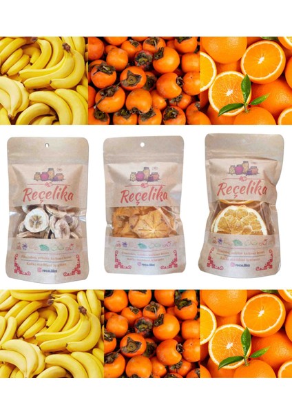 -3’lü Doğal Meyve Kurusu Seti – Muz, Cennet Hurması, Portakal (25’er Gr)